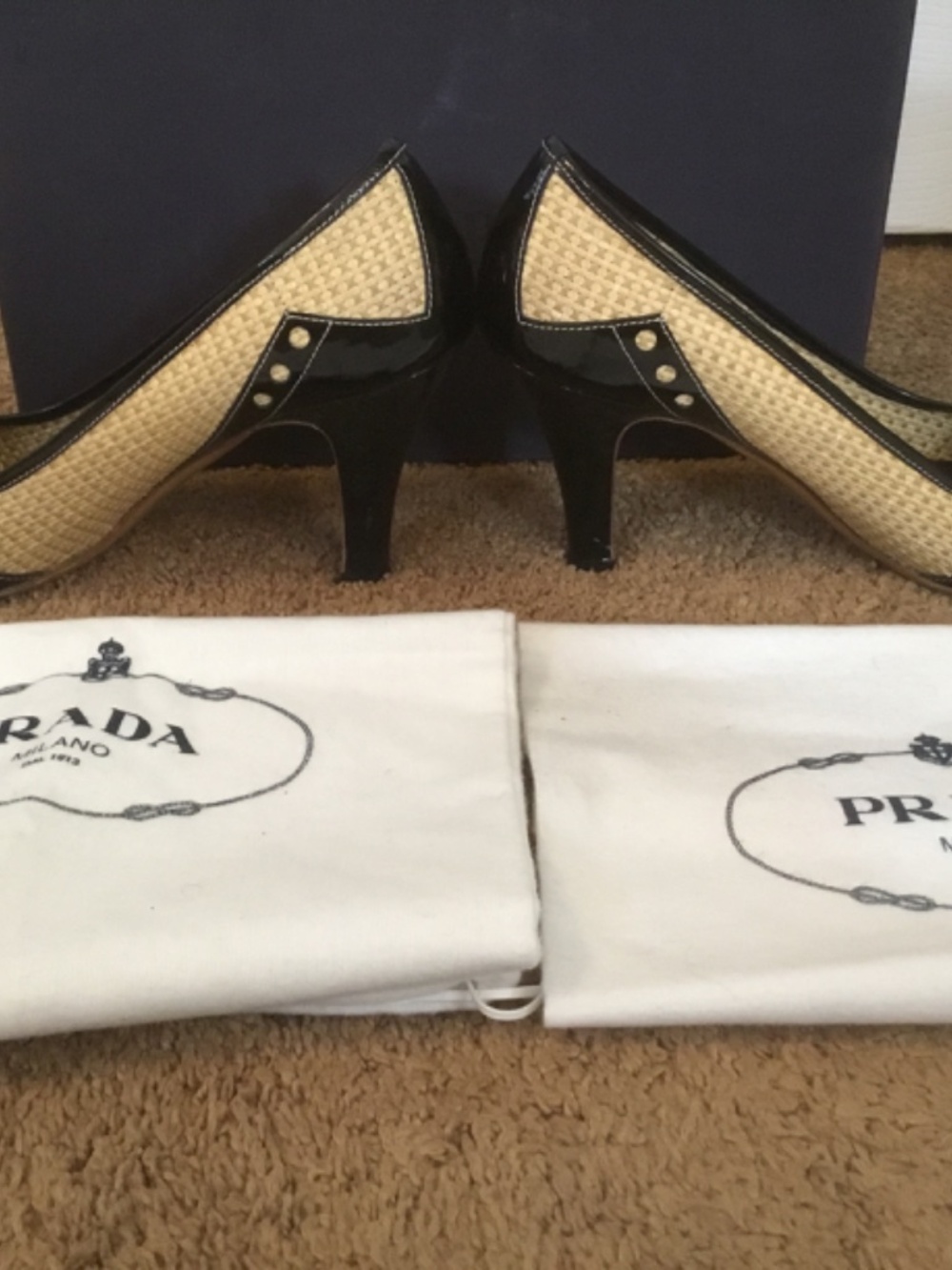 Prada Woven Raffia High Heels Cap Toe Patent Leather Heels (Size 8 1/2) - Picture 15 of 16